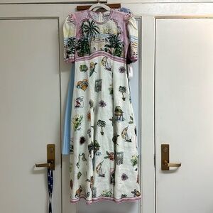 ALEMAIS Sunset Puff-Sleeve Printed Linen Midi Dress